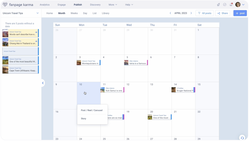 Vista del calendario de publicaciones de redes sociales de Fanpage Karma dentro de la herramienta