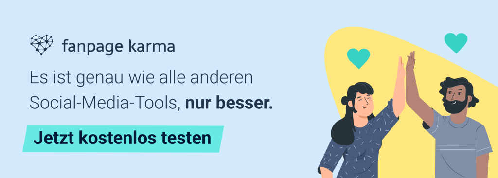 Ein Banner mit zwei Menschen, die sich einen High-Five geben, und ein Button "Jetzt kostenlos testen" auf dunklem Hintergrund.