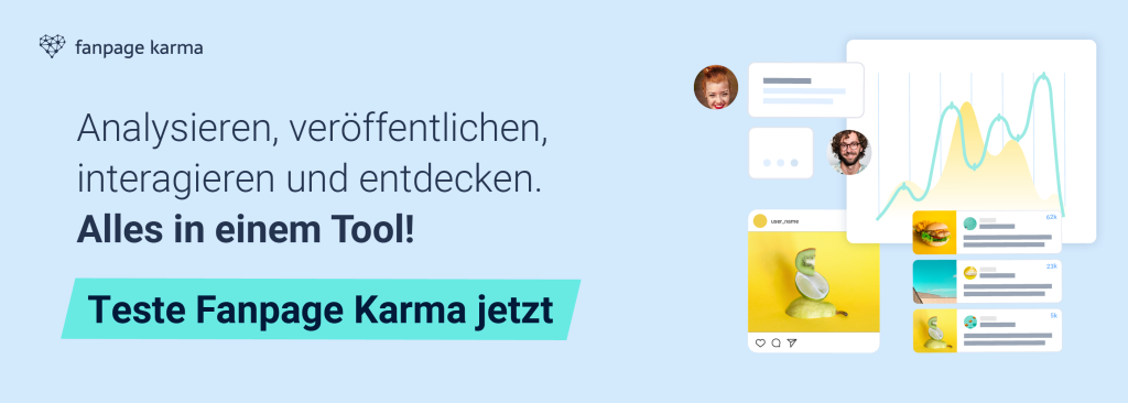 Ein Banner mit Diagrammen und Social-Media-Beiträgen, der Schaltfläche "Teste Fanpage Karma jetzt" und dunklem Hintergrund.Ein Banner mit Diagrammen und Social-Media-Beiträgen, der Schaltfläche "Teste Fanpage Karma jetzt" und hellem Hintergrund.