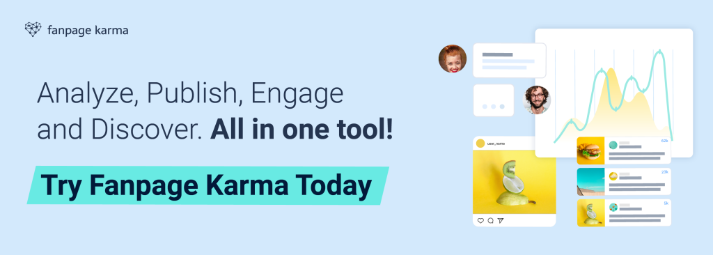 A banner with graphs and social media posts "Try Fanpage Karma Today" button and dark background.