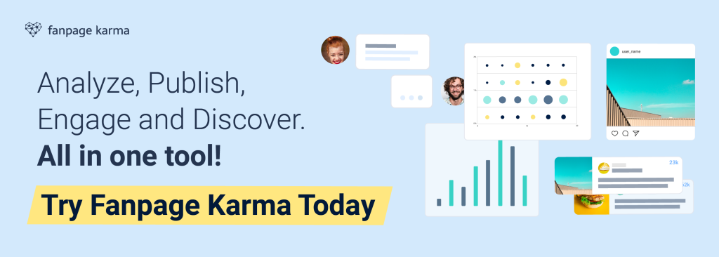 A banner with graphs and social media posts "Try Fanpage Karma Today" button and light background.