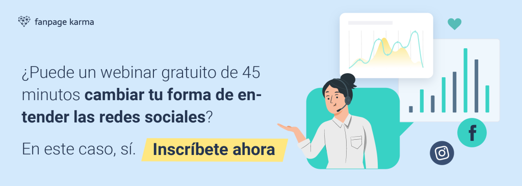 Una mujer con auriculares junto a gráficos con un botón "Inscríbete ahora".