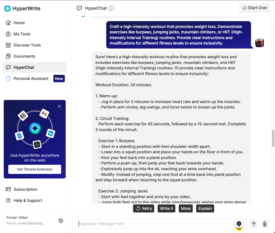 Screenshot of a conversation between a user and the AI chat assistant "HyperChat", in which the user asks to draft the script for his social media video.