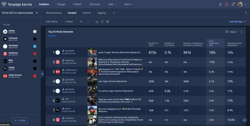 Ein Screenshot des "Fanpage Karma"-Tools, das dabei hilft, herauszufinden, welche TikTok-Videos bei der Zielgruppe am besten ankommen