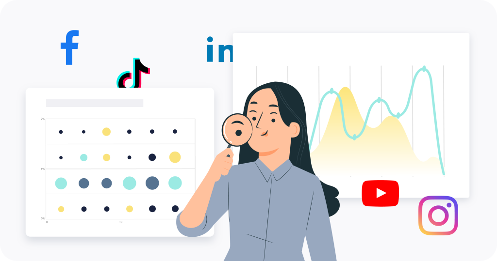 Una mujer con una lupa alrededor de tablas y gráficos con símbolos de redes sociales a su alrededor.