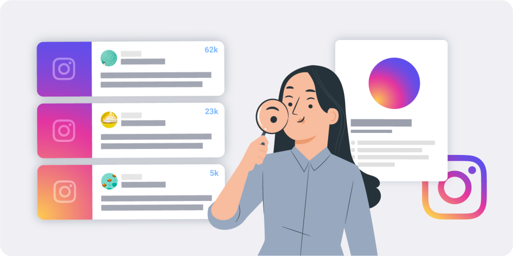 Tres publicaciones de Instagram a la izquierda de una mujer con una lupa en el centro y una publicación a la derecha.