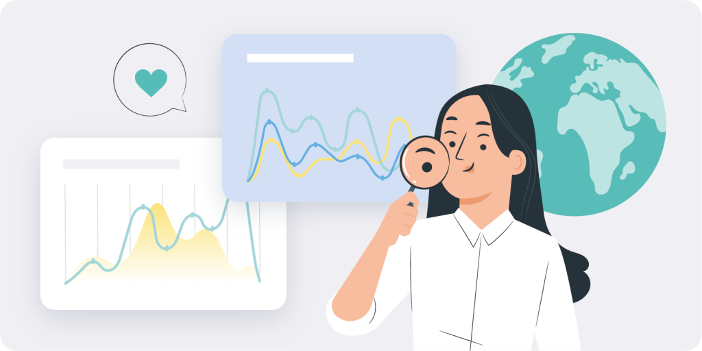 Dos gráficos lineales que muestran la evolución de los perfiles de redes sociales junto a una mujer que mira a través de una lupa.