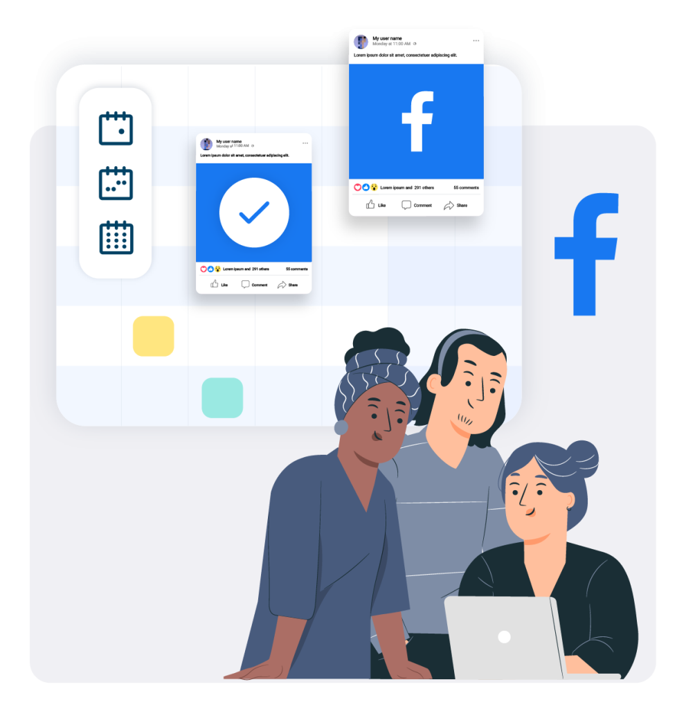 A Facebook post with different posts floating above a calendar.
