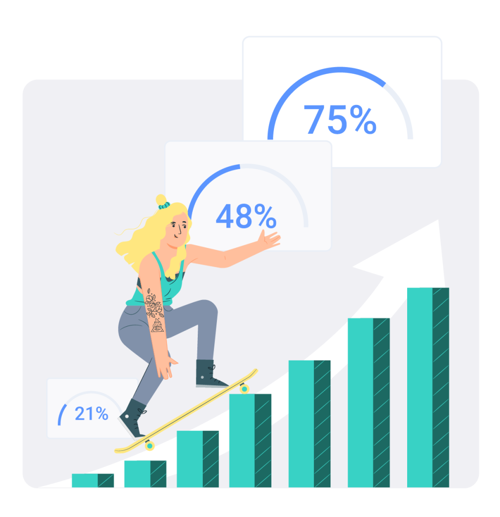 A woman climbing up the bar graph that symbolizes growth.