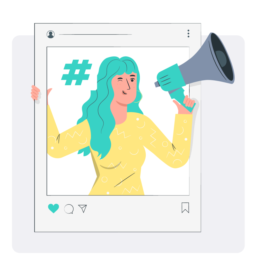 Una mujer con un megáfono dentro de una publicación en redes sociales con un hashtag de fondo.