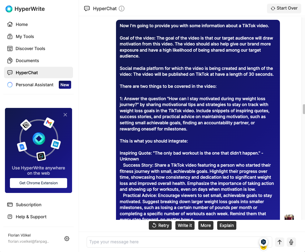 Screenshot of a conversation between a user and the AI chat assistant "HyperChat", where the user asks the AI assistant to create an outline for his social media video.