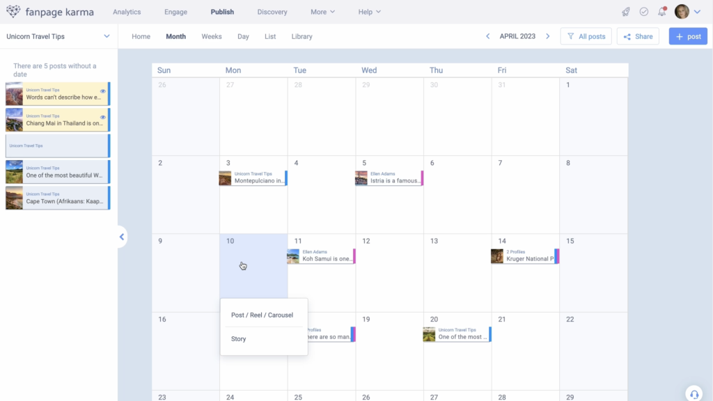 An overview of the content calendar as displayed on the Fanpage Karma tool.