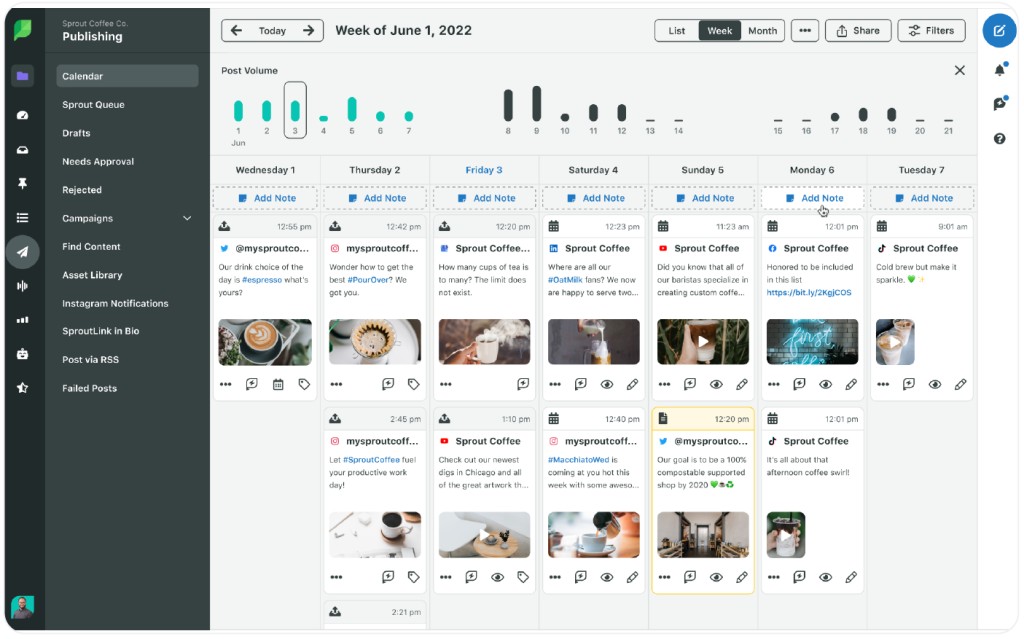 Ein Beispiel für die Redaktionskalender-Seite von Sprout Social